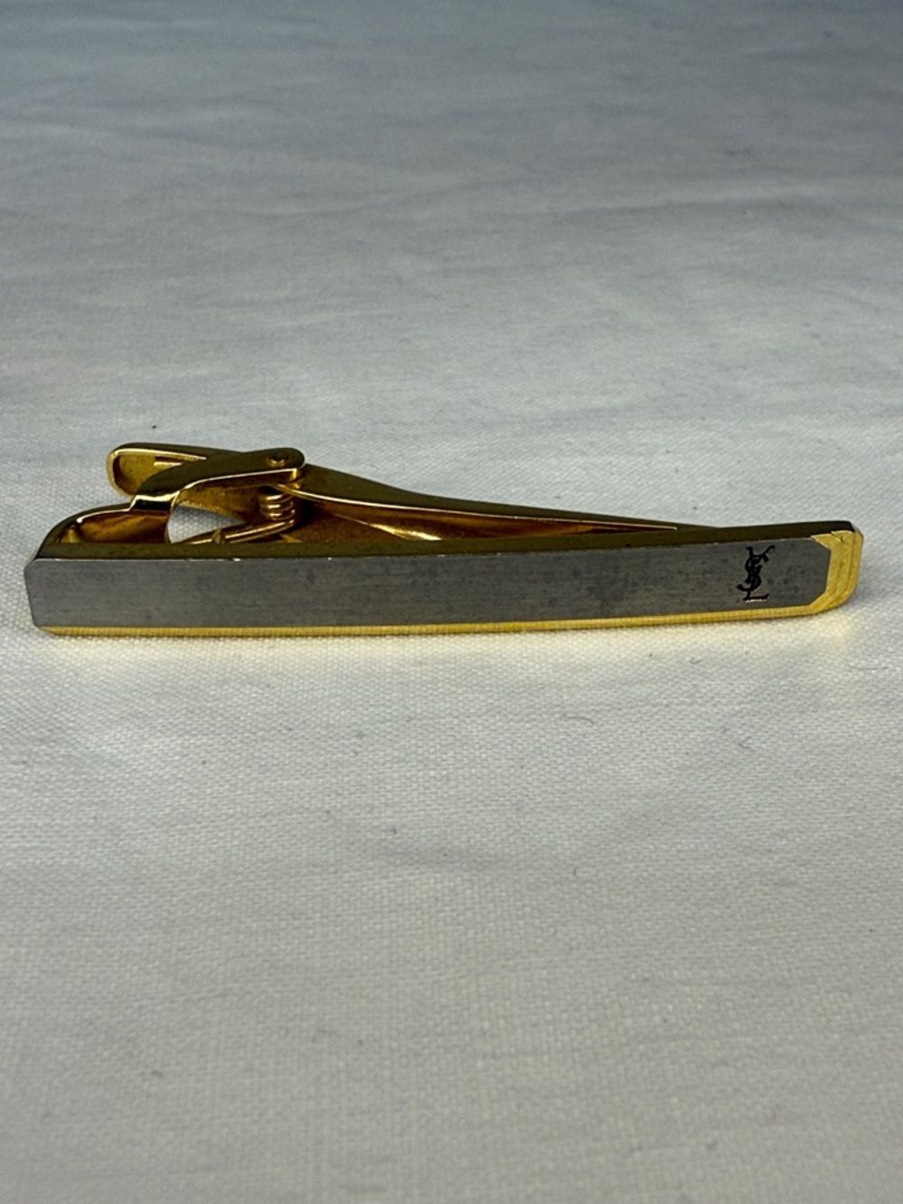 Saint Laurent YSL Gold Tone Tie Bar Clip Logo 2 Inch